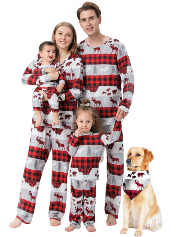 Pyjama de Noël Gris, Rouge, Noir à Carreaux motifs Caribou Ours et Sapins  pour la famille - Noël Shop